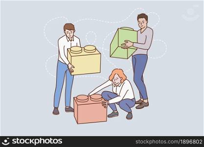 Diverse people work together connect blocks reach shared goal or success. Company team colleagues cooperate collaborate at workplace. Teamwork, collaboration. Flat vector illustration.. People work together engaged in teamwork activity