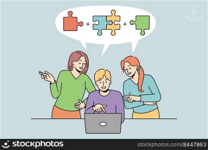 Diverse people working on computer together solving business problem. Team cooperate on laptop find solution brainstorm at meeting. Teamwork concept. Vector illustration.. Team work on computer finding solution