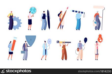 Diverse professionals characters. Business woman, people art design insurance health. Workers hold shield bacteria globe vector set. Character specialist posing, colleagues and employee illustration. Diverse professionals characters. Business woman, people of art design insurance health. Workers hold shield bacteria globe utter vector set