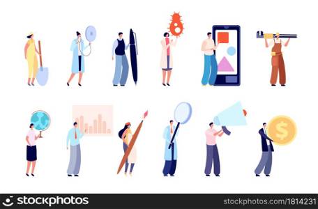 Diverse service characters. Business people, education media science workers. Tiny persons hold megaphone brush coin vector set. Doctor and teacher, builder and nurse, medical profession illustration. Diverse service characters. Business people, education media science workers. Tiny persons hold giant megaphone brush coin utter vector set