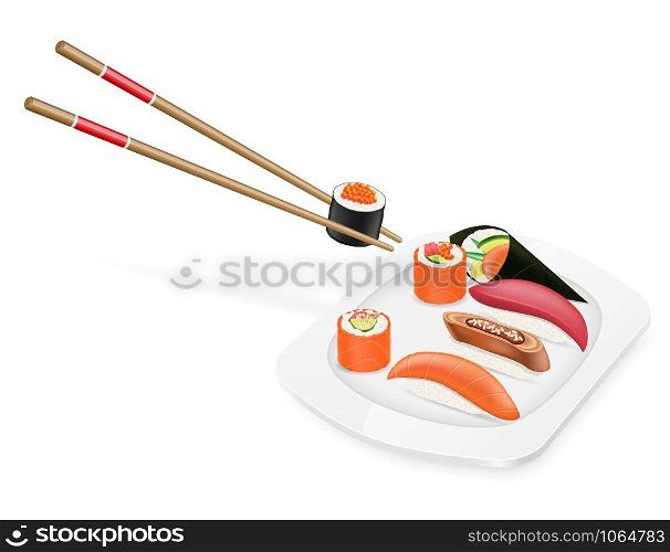 diverse set of sushi with chopsticks on a plate vector illustration isolated on white background