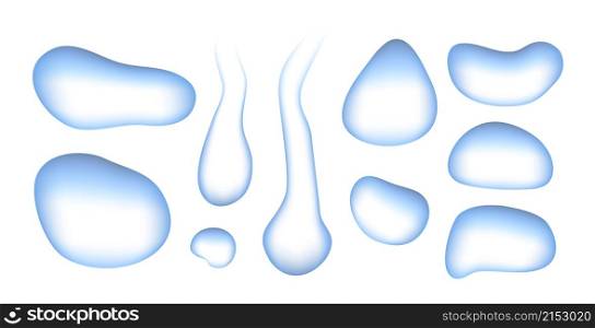 Diverse simple water shapes. Abstract blue drops, floating and falling drip. Modern liquid shape, isolated decorative dropped vector elements. Aqua droplet and liquid raindrop transparent illustration. Diverse simple water shapes. Abstract blue drops, floating and falling drip. Modern liquid shape, isolated decorative dropped vector elements