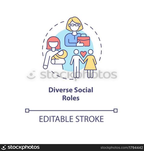 Diverse social roles concept icon. Lifeway choice and self-determination. Parenting and careering abstract idea thin line illustration. Vector isolated outline color drawing. Editable stroke. Diverse social roles concept icon