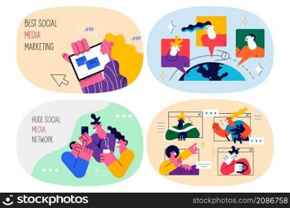 Diverse students learn in online school or university communicate in network. People study social media marketing on web. Remote distant education. Digital course. Flat vector illustration. Set.. Set of students communicate study online social marketing
