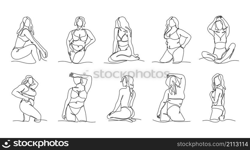 Diverse woman bodies. Continuous line contemporary female silhouette, hand drawn minimalistic girls underwear graphic. Vector set natural illustrations diversity body beautiful woman. Diverse woman bodies. Continuous line contemporary female silhouette, hand drawn minimalistic girls underwear graphic. Vector set