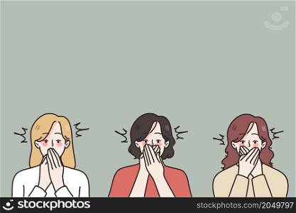 Diverse women cover mouth with hands scared to speak about gender discrimination. Terrified females feel afraid to share about domestic violence or harassment. Freedom of speech. Vector illustration. . Diverse woman cover mouth scared to speak
