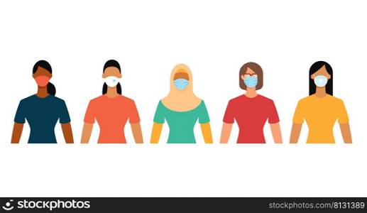 Diverse women group in protective face masks during the epidemic. Social distance, quarantine concept. Flat design vector illustration.