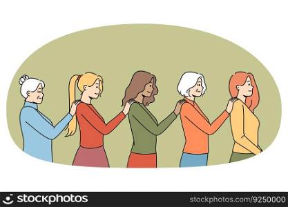 Diverse women in line holding each other with shoulders showing support and unity. Young and old female generations fighting for rights. Feminism and solidarity. Vector illustration.. Diverse women in line showing solidarity and unity