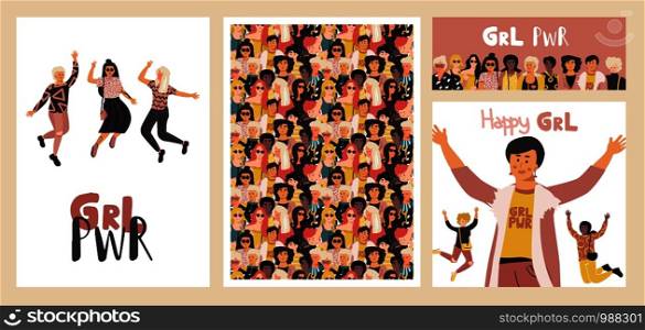 Diverse women poster. Group of happy girls, set of banners and flyers with beauty different international women. Vector concept funny dreams feminist background. Diverse women poster. Group of happy girls, set of banners and flyers with different international women. Vector feminist background