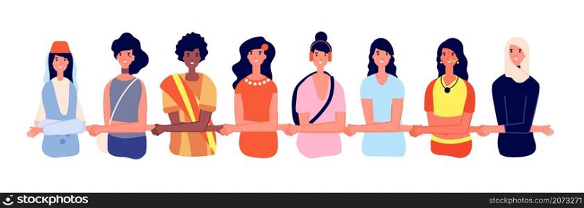 Diverse women together. Woman group, girl activity. Power and female empowerment, strong feminist sisterhood community utter vector concept. Together female, women young diversity illustration. Diverse women together. Woman group, beautiful girl activity. Power and female empowerment, strong feminist sisterhood community utter vector concept