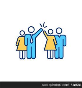 Diverse work team with men and women RGB color icon. Teamwork between employees. Equality in workplace. Female and male worker cooperation. Successful business management. Isolated vector illustration. Diverse work team with men and women RGB color icon
