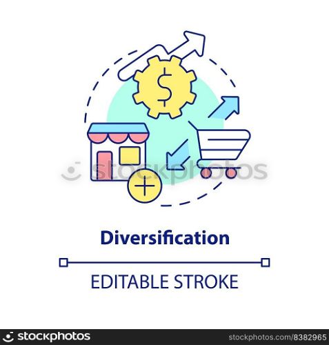 Diversification concept icon. Offering new products. Motive for merger abstract idea thin line illustration. Isolated outline drawing. Editable stroke. Arial, Myriad Pro-Bold fonts used. Diversification concept icon