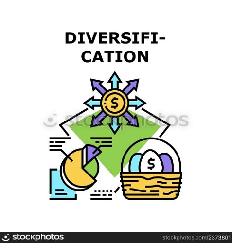 Diversification Vector Icon Concept. Diversification Financial Occupation For Earning Money, Researching Market And Investing In Different Business. Analyzing Finance Information Color Illustration. Diversification Vector Concept Color Illustration