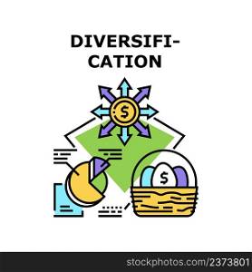 Diversification Vector Icon Concept. Diversification Financial Occupation For Earning Money, Researching Market And Investing In Different Business. Analyzing Finance Information Color Illustration. Diversification Vector Concept Color Illustration
