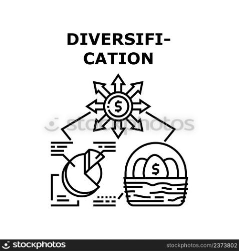 Diversification Vector Icon Concept. Diversification Financial Occupation For Earning Money, Researching Market And Investing In Different Business. Analyzing Finance Information Black Illustration. Diversification Vector Concept Black Illustration