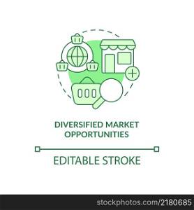 Diversified market opportunities green concept icon. Export business advantages abstract idea thin line illustration. Isolated outline drawing. Editable stroke. Arial, Myriad Pro-Bold fonts used. Diversified market opportunities green concept icon