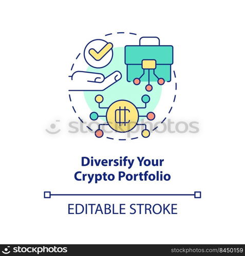 Diversify your crypto portfolio concept icon. Cryptocurrency advice abstract idea thin line illustration. Isolated outline drawing. Editable stroke. Arial, Myriad Pro-Bold fonts used. Diversify your crypto portfolio concept icon