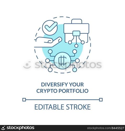 Diversify your crypto portfolio turquoise concept icon. Cryptocurrency advice abstract idea thin line illustration. Isolated outline drawing. Editable stroke. Arial, Myriad Pro-Bold fonts used. Diversify your crypto portfolio turquoise concept icon