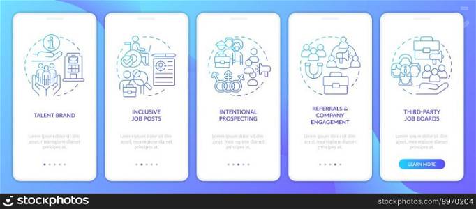 Diversifying pipeline of candidates blue gradient onboarding mobile app screen. Walkthrough 5 steps graphic instructions with linear concepts. UI, UX, GUI template. Myriad Pro-Bold, Regular fonts use. Diversifying pipeline of candidates blue gradient onboarding mobile app screen