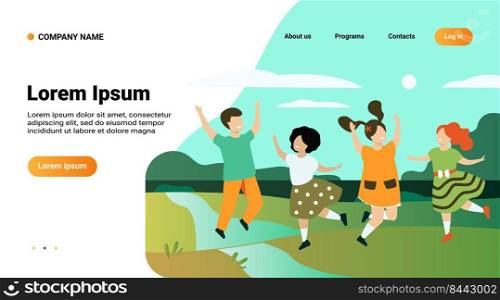 Diversity and childhood concept. Group of happy diverse kids playing together, jumping on grass, having fun, enjoying nature. Can be used for summer vacation or children outdoor party topics