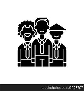 Diversity black glyph icon. Workplace teamwork. Office colleagues. Multicultural team. Interracial group. Core corporate values. Silhouette symbol on white space. Vector isolated illustration. Diversity black glyph icon