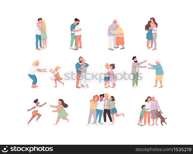 Diversity flat color vector faceless characters set. Same sex and heterosexual couple. People hugging. Affection between siblings. Community union isolated cartoon illustrations on white background. Diversity flat color vector faceless characters set