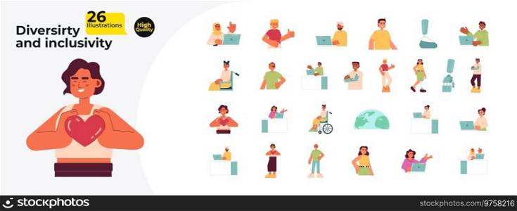 Diversity inclusivity people cartoon flat illustration bundle. Diverse employee laptop 2D characters isolated on white background. Office workers disabilities vector color image collection. Diversity inclusivity people cartoon flat illustration bundle