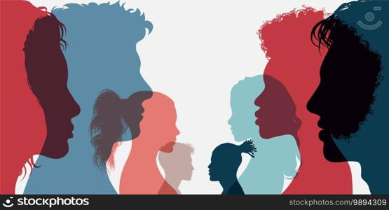 Diversity multi-ethnic and multiracial people. Silhouette group of men and women of diverse culture standing together in front of the other. Concept racial equality and anti-racism