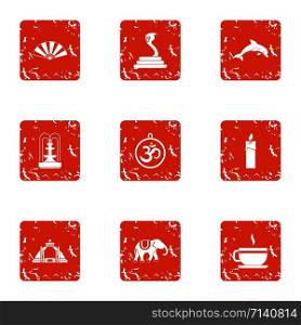 Diversity of east icons set. Grunge set of 9 diversity of east vector icons for web isolated on white background. Diversity of east icons set, grunge style