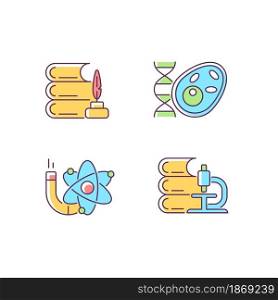 Diversity of subjects in school RGB color icons set. Humanities and applied sciences. Biology, physics, science lesson. Isolated vector illustrations. Simple filled line drawings collection. Diversity of subjects in school RGB color icons set