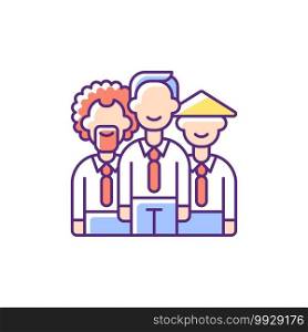 Diversity RGB color icon. Workplace teamwork. Office colleagues. Multicultural team. Interracial group. Core corporate values. Multiracial people. Business ethics. Isolated vector illustration. Diversity RGB color icon