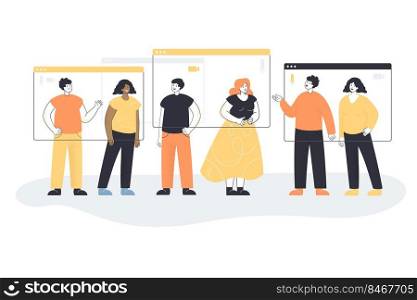 Diversity team of people meeting in video call online. Group of tiny characters standing near windows of zoom app flat vector illustration. Remote virtual conference from home office, webinar concept. Diversity team of people meeting in video call online