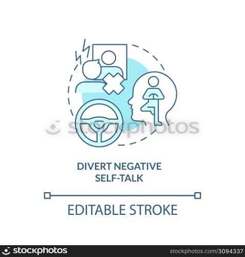 Divert negative self talk turquoise concept icon. Maintaining weight after diet abstract idea thin line illustration. Isolated outline drawing. Editable stroke. Arial, Myriad Pro-Bold fonts used. Divert negative self talk turquoise concept icon