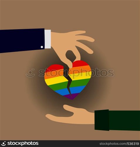 divided heart in the colors of the LGBT passed from hand to hand, flat design