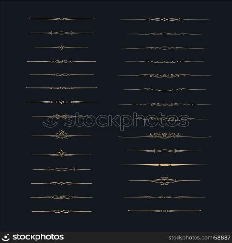 Dividers vector set. Vector set of calligraphic design elements and page decor. Gold decorative elements on black background.