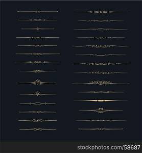 Dividers vector set. Vector set of calligraphic design elements and page decor. Gold decorative elements on black background.