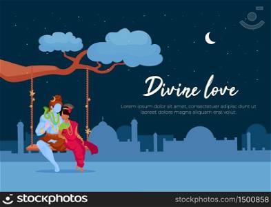 Divine love poster flat vector template. Pray to Shiva and Parvati for blessing. Indian tradition. Brochure, booklet one page concept design with cartoon characters. Teej festival flyer, leaflet. Divine love poster flat vector template