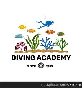 Diving academy courses training booklet advertising lettering with scuba diver silhouette colorful seaweeds and fish vector illustration