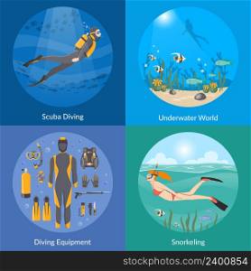 Diving and snorkeling 2x2 design concept set with diving equipment divers in underwater environment and girl swimming in mask snorkel and fins flat vector illustration. Diving And Snorkeling 2x2 Design Concept