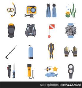 Diving And Snorkeling Flat Decorative Icons. Diving and snorkeling flat decorative icons collection with aqualung wetsuit mask scuba spear gun isolated vector illustration