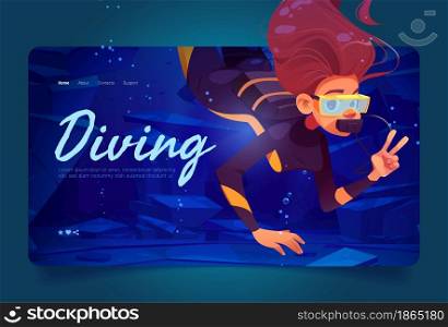 Diving banner with woman scuba diver with mask shows victory gesture under water in sea or ocean. Vector landing page with cartoon underwater landscape with girl in wetsuit with aqualung. Diving banner with woman scuba diver underwater