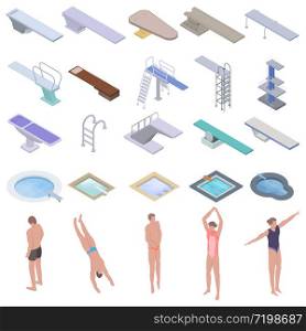 Diving board icons set. Isometric set of diving board vector icons for web design isolated on white background. Diving board icons set, isometric style