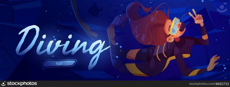 Diving cartoon web banner, scuba diver girl explore sea bottom. Woman wear costume, flippers, mask and tube underwater floating, female character in ocean, extreme recreation, vector illustration. Diving cartoon web banner, scuba diver explore sea