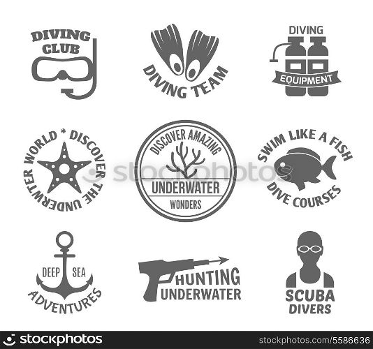 Diving club team equipment underwater world discover labels set isolated vector illustration.