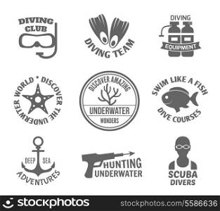 Diving club team equipment underwater world discover labels set isolated vector illustration.