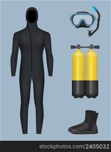 Diving collection. Underwater swimming scuba tanks glasses for diver flippers rubber stretching professional costume decent vector realistic set. Underwater equipment for swimming, glasses and scuba. Diving collection. Underwater swimming scuba tanks glasses for diver flippers rubber stretching professional costume lifebuoys decent vector realistic set