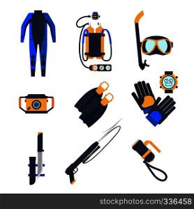 Diving equipment icons in flat style. Diving mask and diving suit, snorkel and flippers. Vector illustration.. Diving equipment icons in flat style.