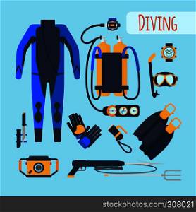 Diving equipment. Mask and snorkel, oxygen tanks and wetsuit. Vector illustration. Diving equipment