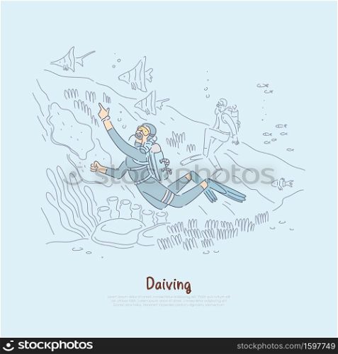 Diving fans studying underwater world, scuba divers in wetsuits with aqualungs swimming in sea banner. Oceanologists, scientists examine ecosystem concept cartoon sketch. Flat vector illustration. Diving fans studying underwater world, scuba divers in wetsuits with aqualungs swimming in sea banner