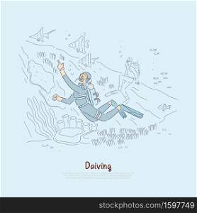 Diving fans studying underwater world, scuba divers in wetsuits with aqualungs swimming in sea banner. Oceanologists, scientists examine ecosystem concept cartoon sketch. Flat vector illustration. Diving fans studying underwater world, scuba divers in wetsuits with aqualungs swimming in sea banner